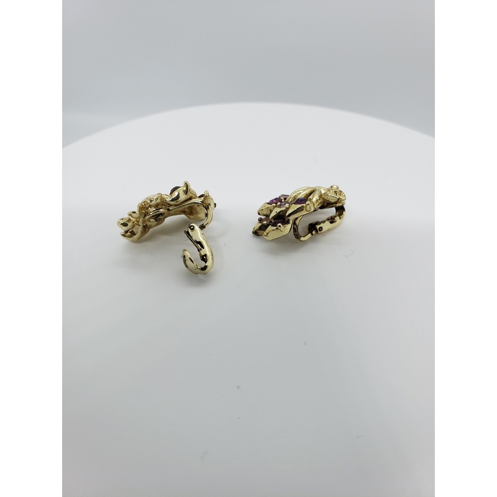 Vintage Caro Signed Floral Gold Tone Rhinestones Clip On Metal Earrings Jewelry - Picture 7 of 10